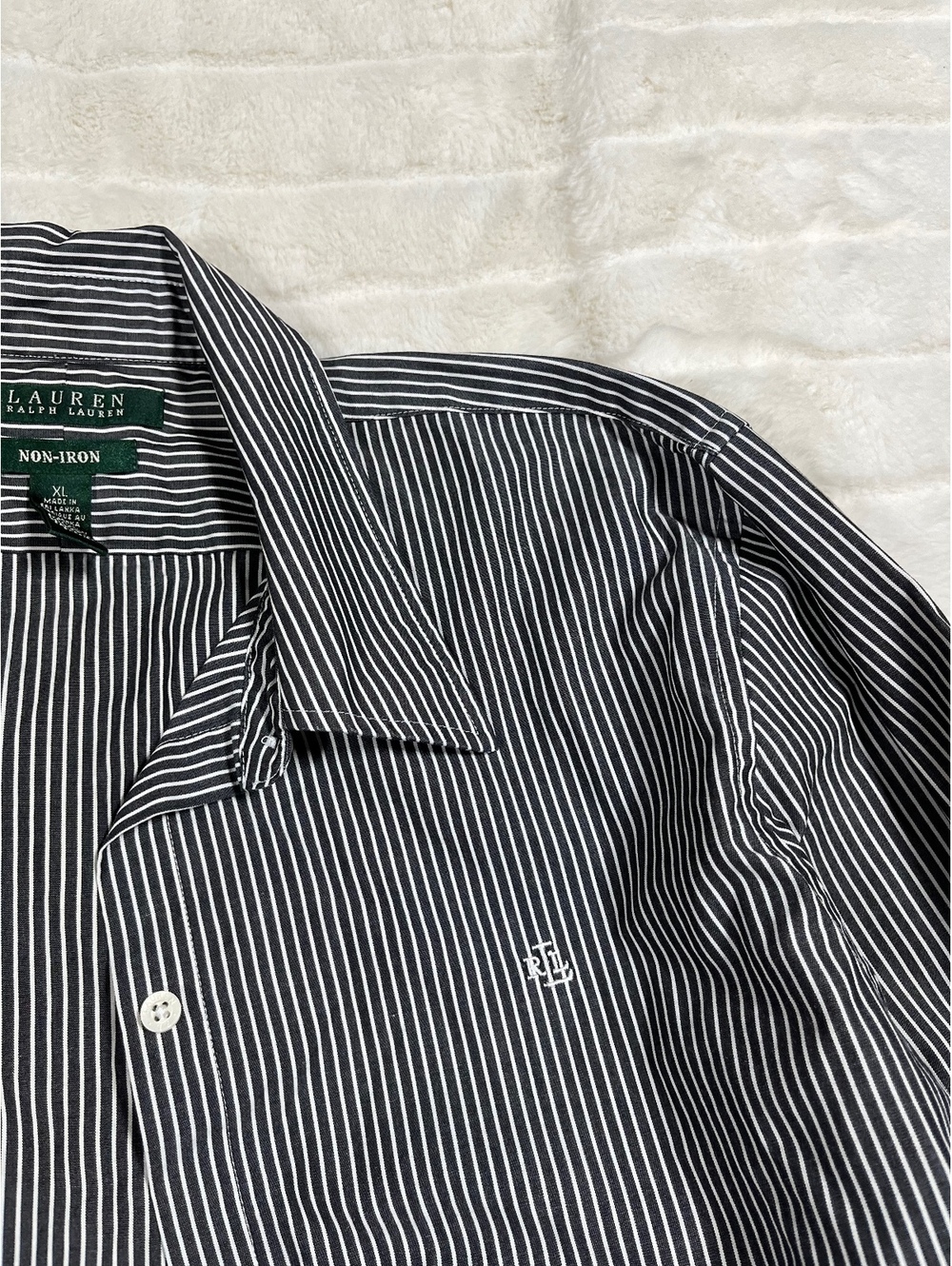 VTG Lauren Ralph Lauren XL Grey White No Iron Pinstripe Button Down Shirt Preppy